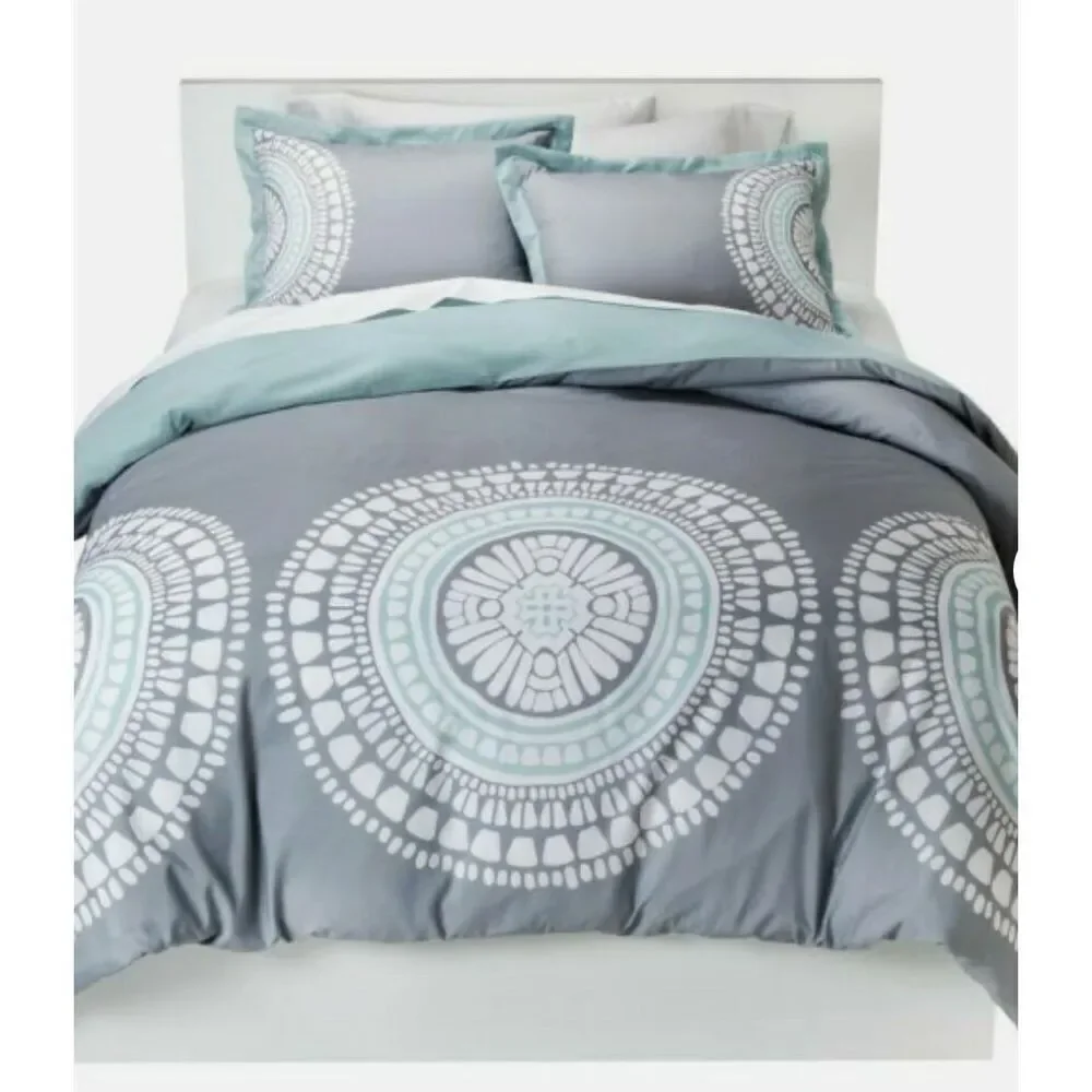 Room Essentials TARGET Boho BLUE GRAY Duvet Cover & 2 Pillowcases SET FULL QUEEN